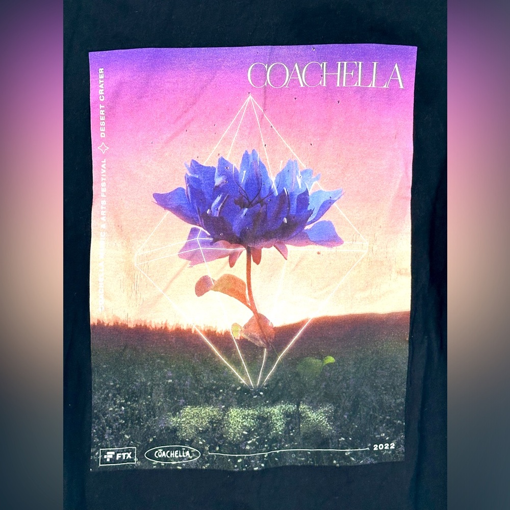 Coachella Black Tee with Magenta, Soft Pink, & Purple Design, Circa 2022